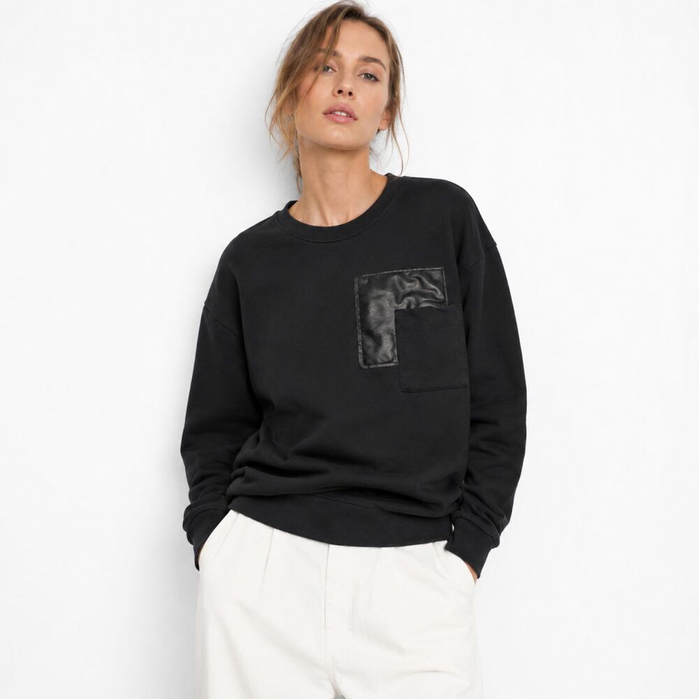 Zara Black Faux Leather Pocket Sweatshirt Crewneck Top M Goth Bikercore Grunge